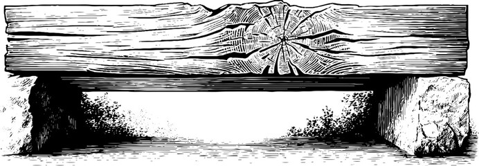 Vintage engraving of chiseled wooden beam end with decorative details for retro design projects