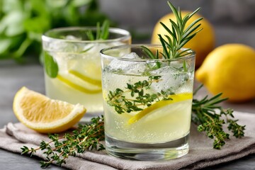 Fototapeta premium Refreshing lemonade cocktail with lemon and herbs