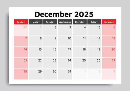 2025 december calendar. A vector English winter monthly calendars. Design Sunday start
