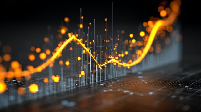 Abstract digital financial market chart with glowing lines and particles representing investment trends and data analysis in a modern design