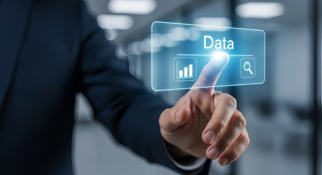 Professional hand interacts with modern data analytics interface for business insight