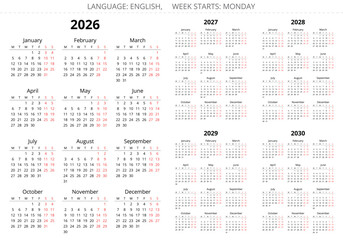 2025, 2026, 2027, 2028, 2029 years english vector calendars 12 months. Week starts monday