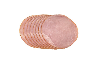 Siced smoked ham meat isolated on white background. Raw ham isolated over white