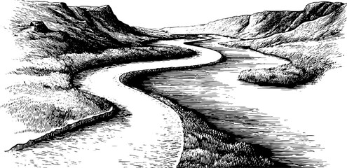 Fototapeta premium Engraved illustration of converging natural stream in vintage style for design