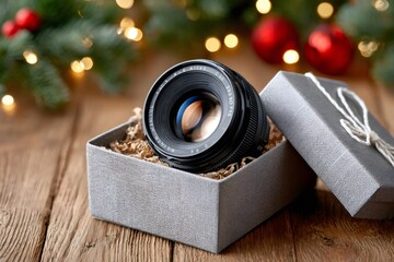 Camera lens in a gift box on a christmas table