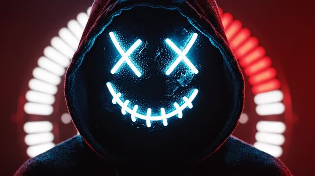 Anonymous person wearing a dark hoodie with a glowing blue neon stitch face mask in a dark setting