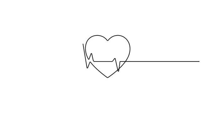 Continuous one line drawing of heart animation video. Heartbeat symbol. Pulse curve. Single line drawing. One line art 4k video