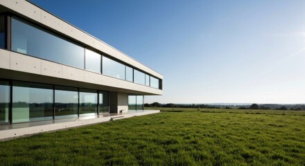 Obraz premium Modern concrete house with large windows overlooking a field