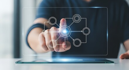 Modern business person interacting with digital flowchart interface on a tablet device