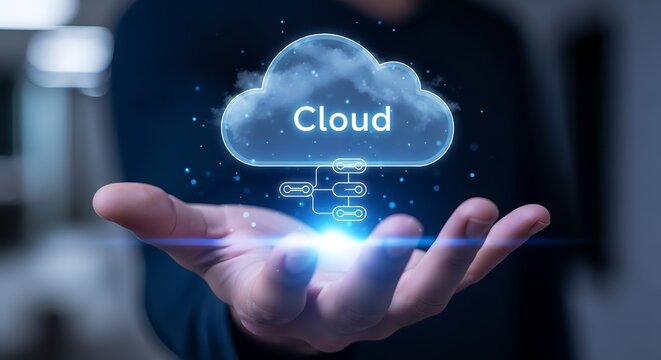 Hand presents cloud technology with connections, modern digital business network