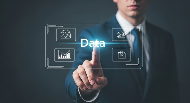 Professional businessman touching luminous data interface for strategy and growth