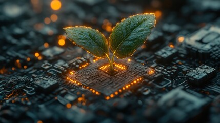 Green sprout grows on circuit board