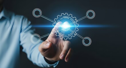 Professional hand activating innovative technology and future solutions with gear interface