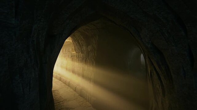 Mysterious stone tunnel with sunbeams fantasy adventure path