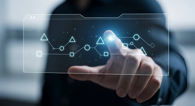 Innovate with fingertip touching glowing digital interface for modern data access