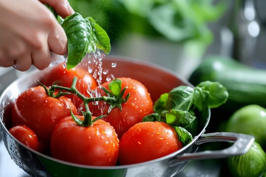Person washing fresh tomatoes and basil leaves