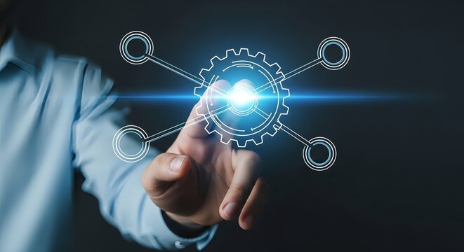 Professional hand activating innovative technology and future solutions with gear interface