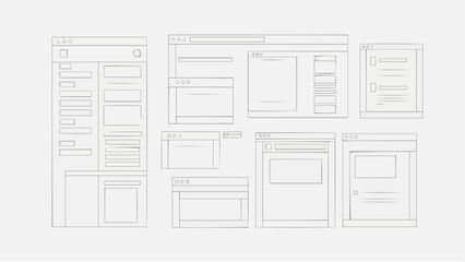 Illustration of multiple wireframe browser windows arranged on a white background in a simple style