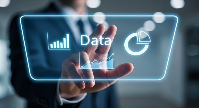 Professional businessman analyzes data insights with touch screen technology today