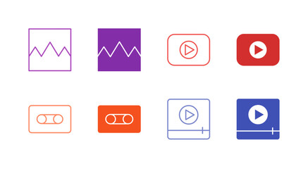 Flat Colored Media Player Icon Set in Outline and Solid Style for Video and Image Content