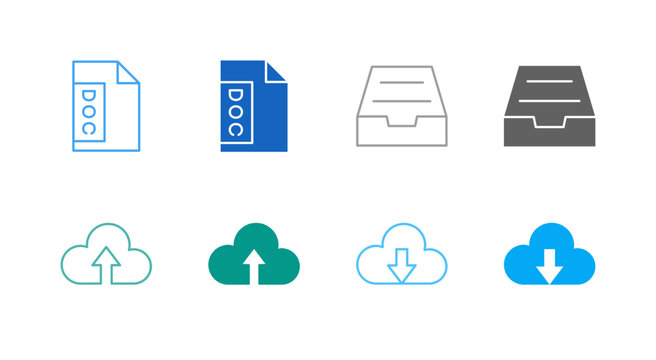Flat Colored Cloud Document Icon Set in Outline and Solid Style for Data Storage and Transfer