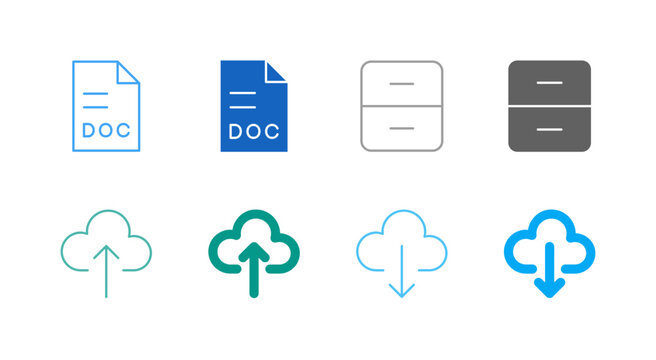 Flat Colored Cloud Document Icon Set in Outline and Solid Style for Data Storage and Transfer