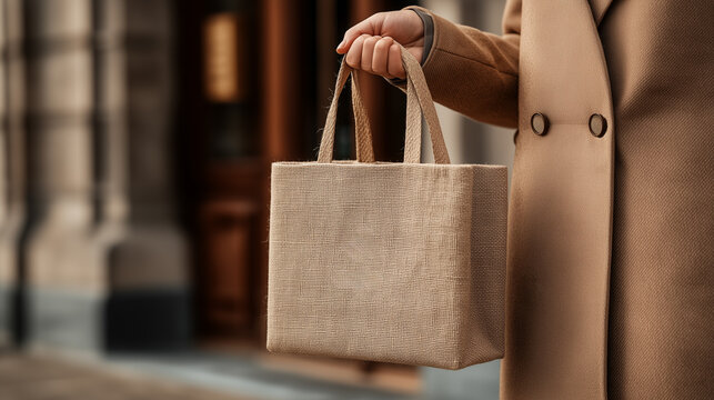 A close-up of a person's hand holding a modest burlap bag while dressed in a stylish beige coat, set against an urban backdrop.