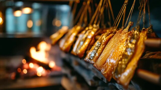 Traditional fish smokehouse racks, golden fillets hanging, warm wood fire glow, artisanal food craft, with copy space
