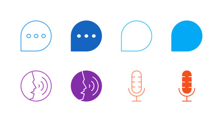 Flat Colored Chat and Microphone Icon Set in Outline and Solid Style for Communication and Voice Input