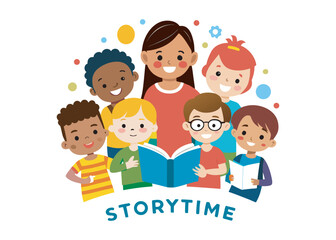 Engaging storytelling session with children in flat vector illustration art logo icon on white background