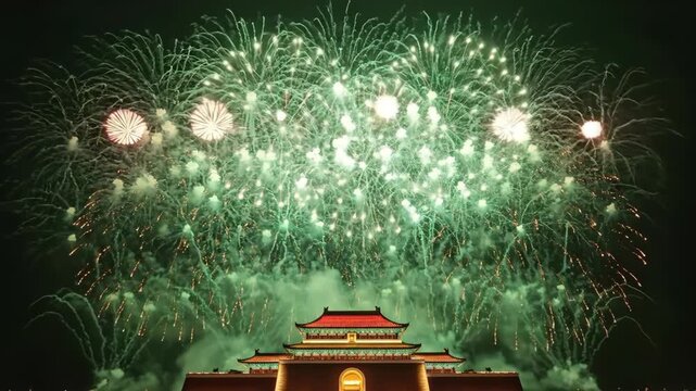 Spectacular fireworks display brightens historic building against night sky