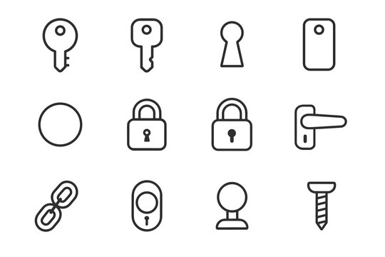 Outline vector flat tag chain knob round minimal padlock ring icon key