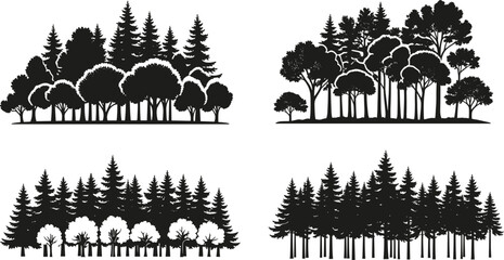 Fototapeta premium Forest tree silhouette set, black and white vector landscape collection of pine and deciduous woods for nature background design.