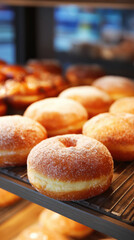Golden freshly made donuts displayed on a bakery rack, soft and fluffy with a sugar coating, perfect traditional treats often enjoyed during Hanukkah