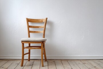 Wooden chair with neutral cushion sits on light wooden floor against white wall.