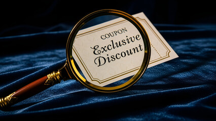 A refined magnifying glass reveals an 'Exclusive Discount' coupon, symbolizing the careful discovery of premium savings and special promotional offers on a rich, dark blue fabric