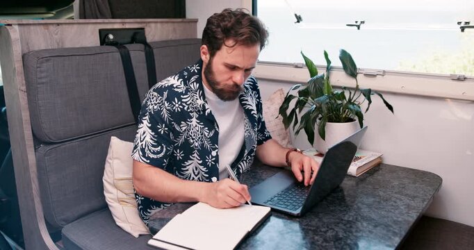 Freelancer, laptop and notebook with man in van for digital nomad, travel blog and research. Remote worker, holiday journey review and campervan guide with person and tech in vehicle for transport