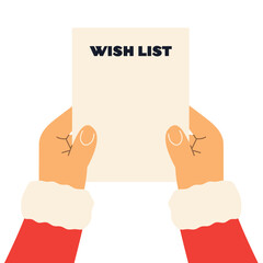 Santa Claus hands holding a wish list, Christmas holiday illustration, festive winter design, Santa reading letter