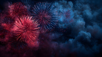 border frame 4th july red and blue fireworsks copyspace plain color background Top view. Patriotic celebration backdrop featuring vibrant red and blue pyrotechnic display against a simple