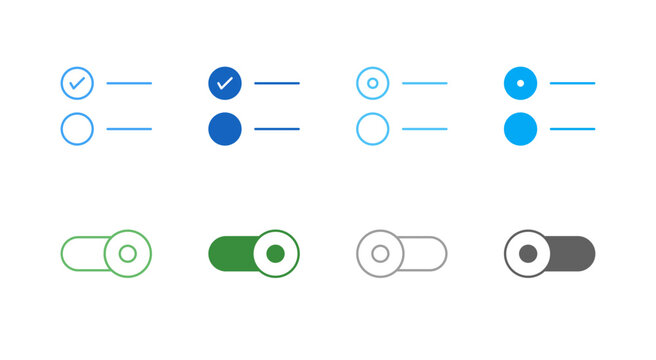 Flat Colored Form Input Icon Set in Outline and Solid Style for Selection and Toggle Functions