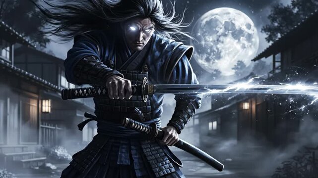 Fierce samurai warrior with glowing eyes drawing katana sword at night under a full moon in a japanese village
