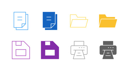 Flat Colored File and Document Icon Set in Outline and Solid Style for Data Management and Storage