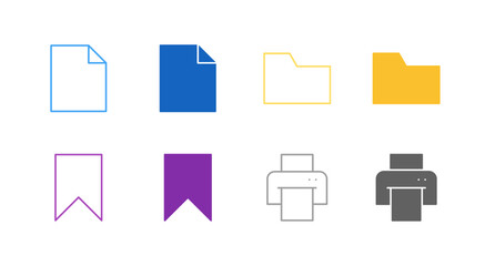 Flat Colored File and Document Icon Set in Outline and Solid Style for Data Management and Storage