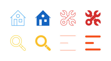 Flat Colored Essential Navigation Icon Set in Outline and Solid Style for App and Web User Interface