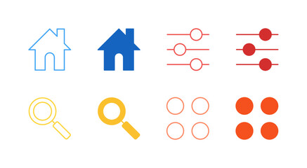 Flat Colored Essential Navigation Icon Set in Outline and Solid Style for App and Web User Interface