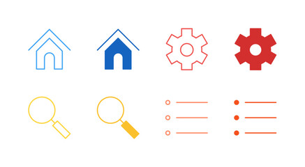 Flat Colored Essential Navigation Icon Set in Outline and Solid Style for App and Web User Interface