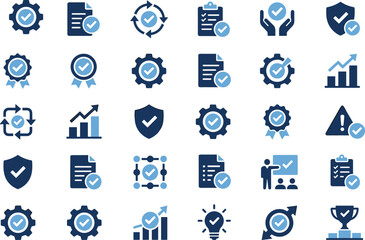 Quality assurance compliance verification certification guarantee success management process improvement guarantee document checklist shield award achievement growth business standard icons set