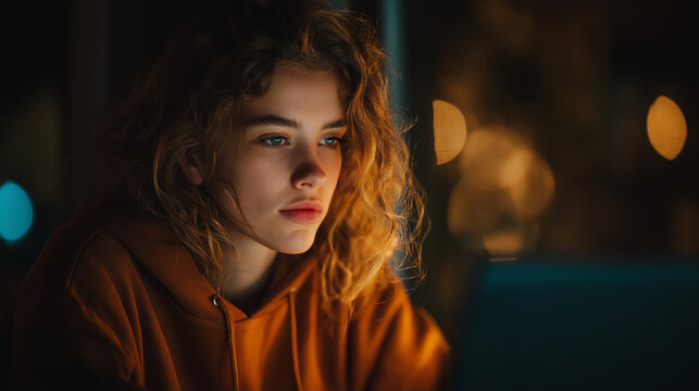 A focused young woman with curly hair sits in front of a laptop, illuminated by warm lights, deep in concentration during a cozy evening. - Powered by Adobe