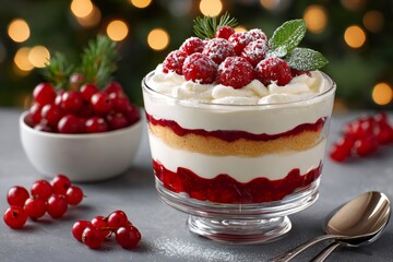 Christmas trifle dessert with raspberries and red currants