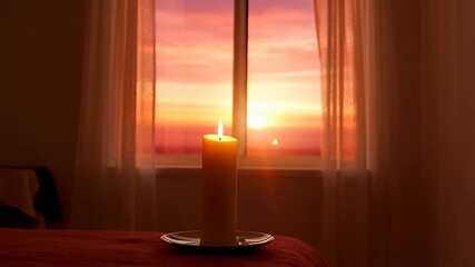 Warm candle glow by window during sunset, tranquil room ambiance